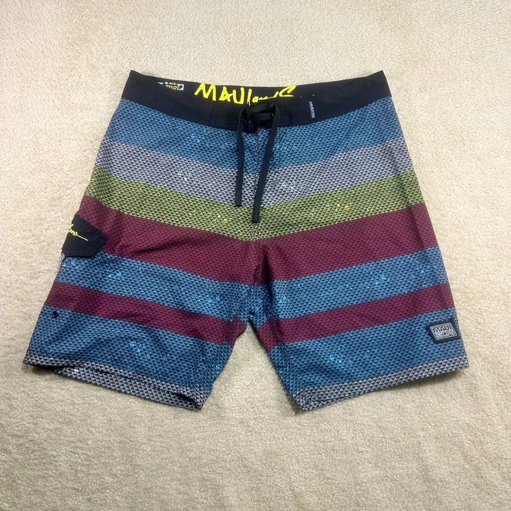Maui and Sons Mens Swim Trunks Board Shorts 36 Multicolor Striped 4 Way Stretch